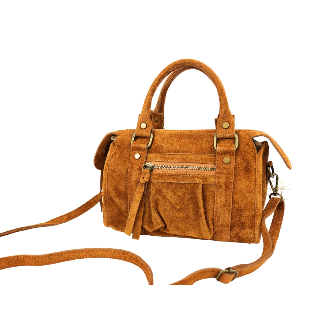 Small Suede Top Handle Crossbody Bag – Soft Genuine Leather Handbag with Detachable Strap