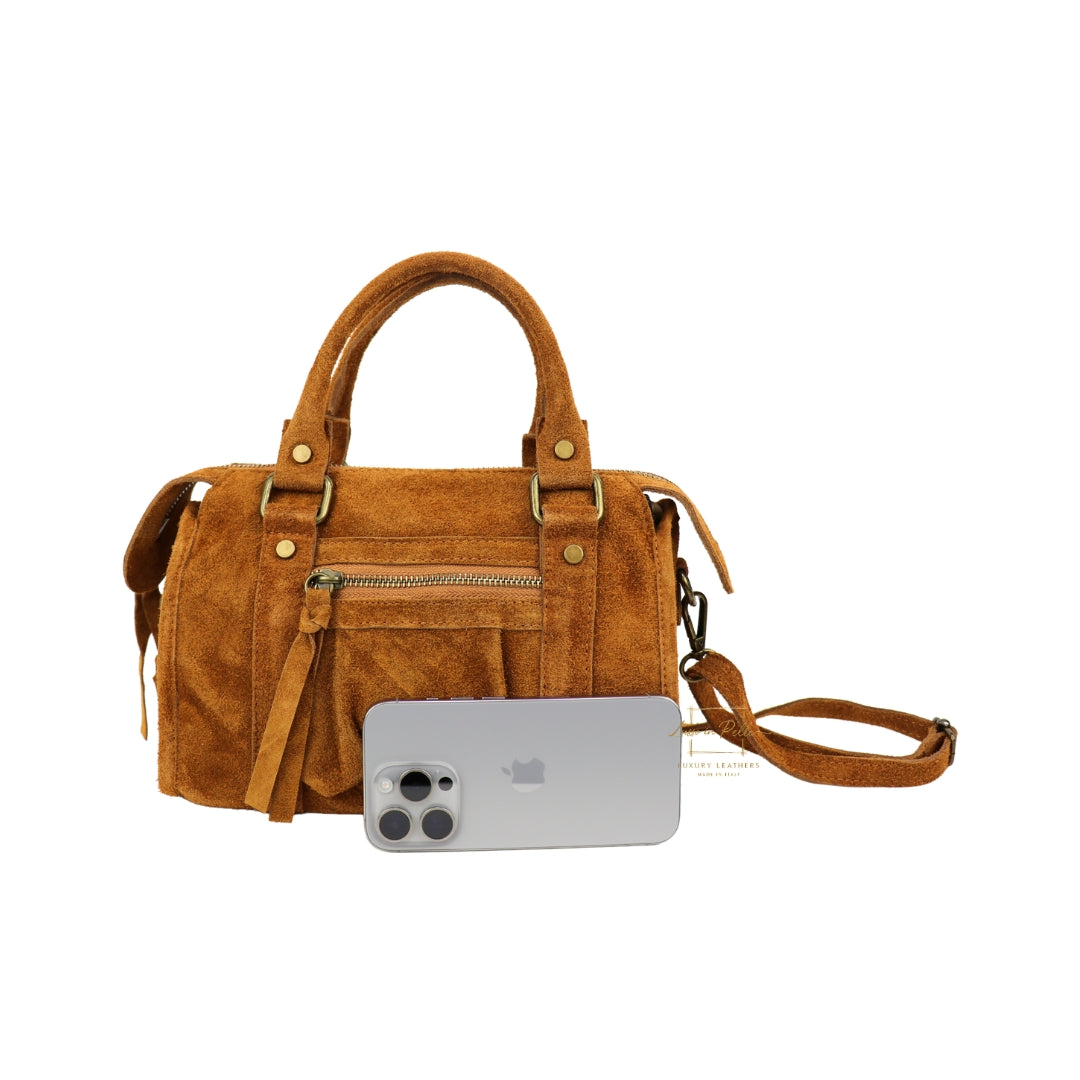 Small Suede Top Handle Crossbody Bag – Soft Genuine Leather Handbag with Detachable Strap
