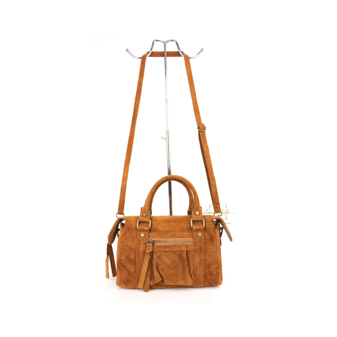 Small Suede Top Handle Crossbody Bag – Soft Genuine Leather Handbag with Detachable Strap