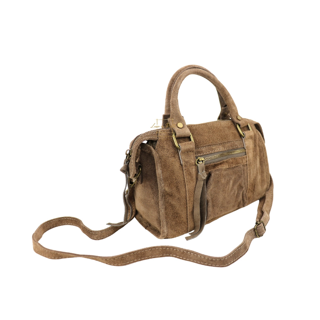Small Suede Top Handle Crossbody Bag – Soft Genuine Leather Handbag with Detachable Strap