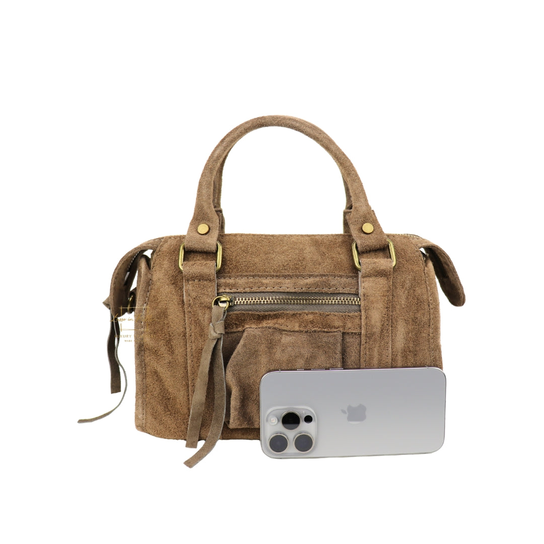 Small Suede Top Handle Crossbody Bag – Soft Genuine Leather Handbag with Detachable Strap