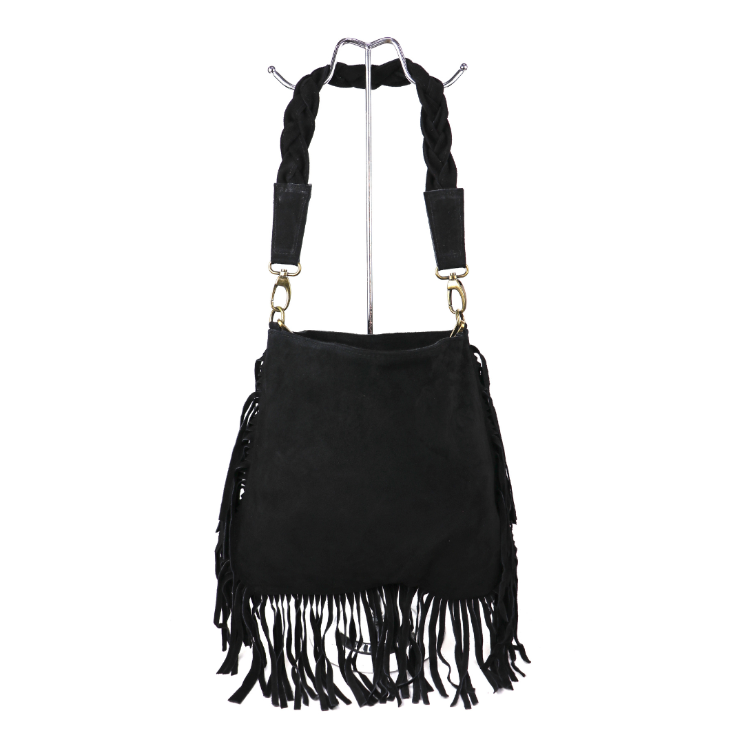 Marina Suede Shoulder/Crossbody Bag with Fringe - Lussoinpelle Black