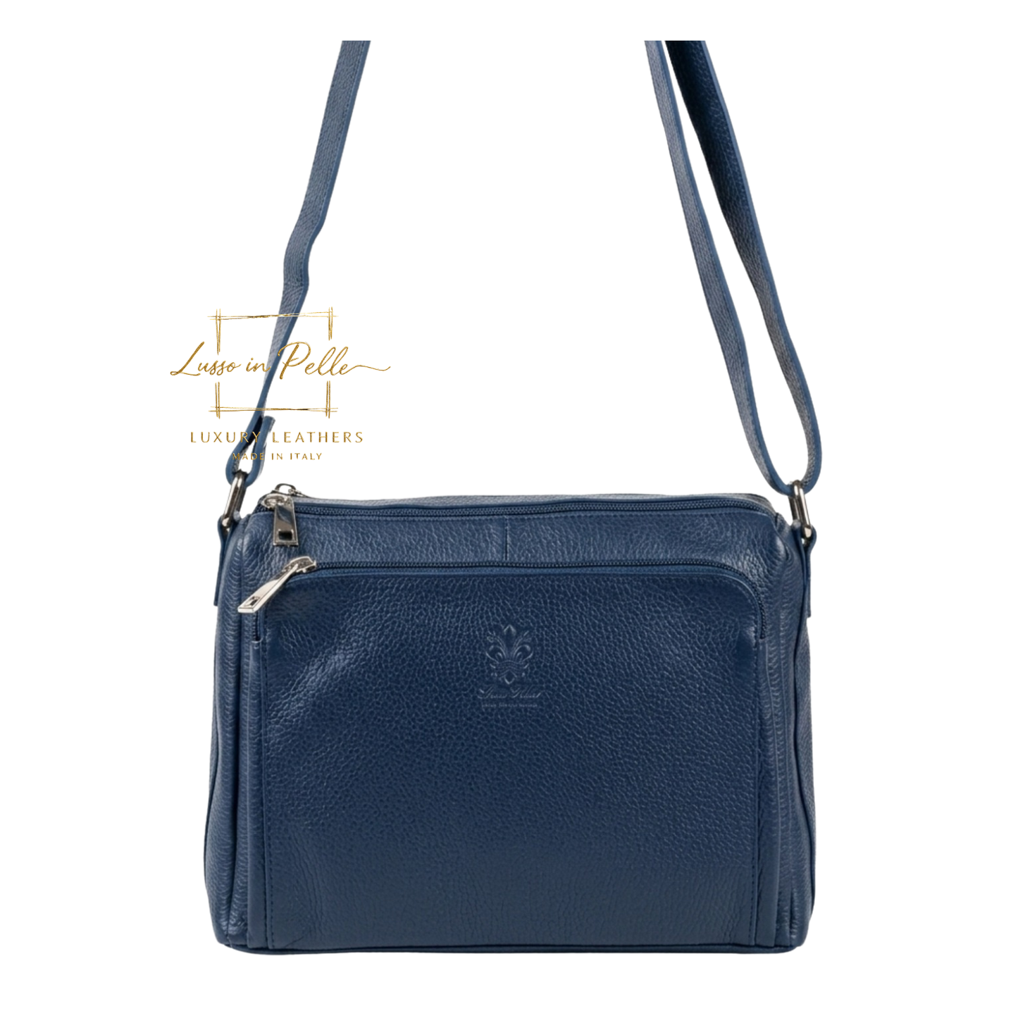 Italian Genuine Leather Multi Compartment Crossbody Bag with Front Zip Pocket