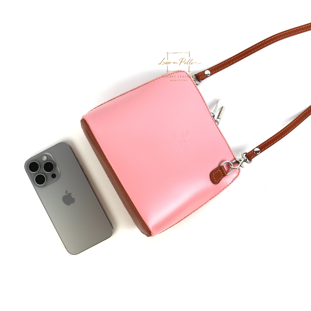 Genuine Italian Leather Handbag with Detachable Straps - Lussoinpelle Tan & Baby pink Crossbody bags