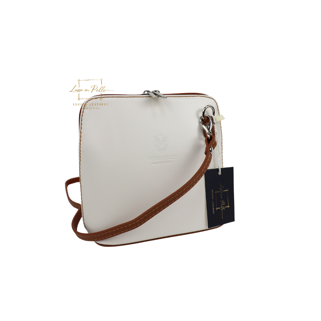 Genuine Italian Leather Handbag with Detachable Straps - Lussoinpelle Tan & Cream Crossbody bags