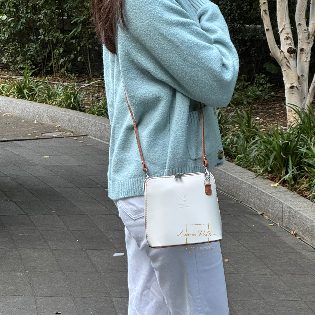 Genuine Italian Leather Handbag with Detachable Straps - Lussoinpelle Tan & Cream Crossbody bags
