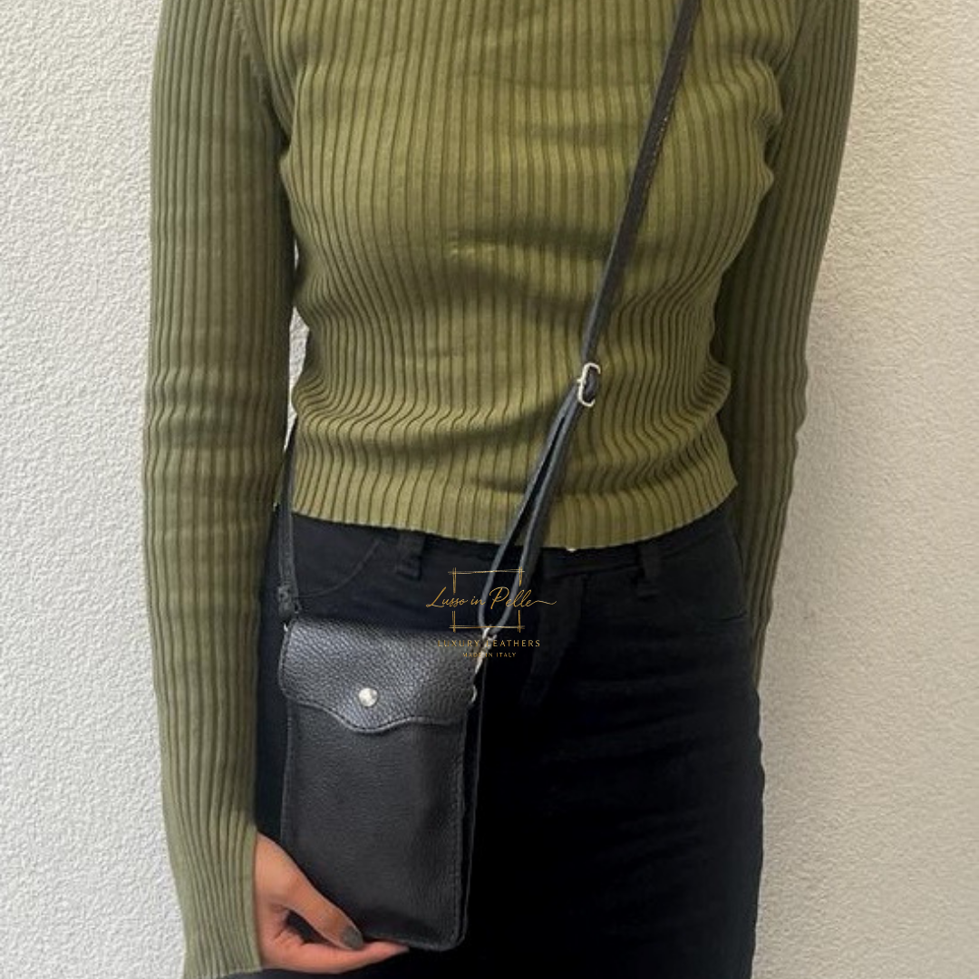 Crossbody Bag, Phone Bag, Italian Leather, Black