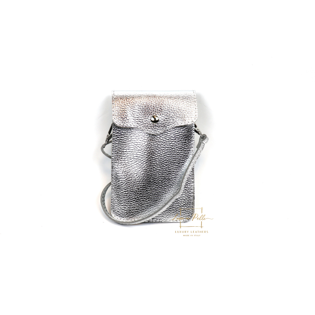 Crossbody Bag, Phone Bag, Italian Leather, Silver