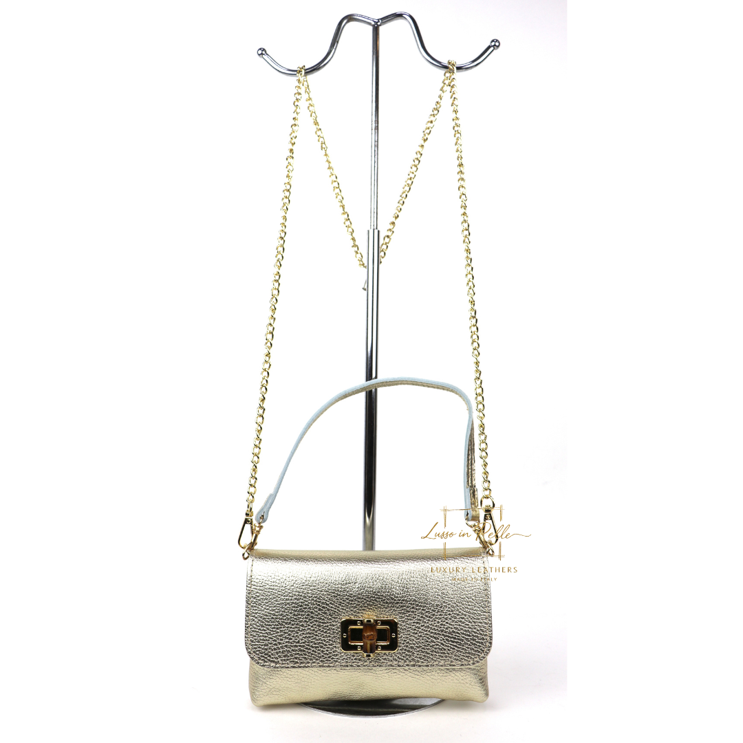 Small Timeless Chic Italian Leather Clutch/Shoulder/Crossbody Bag - Lussoinpelle Gold