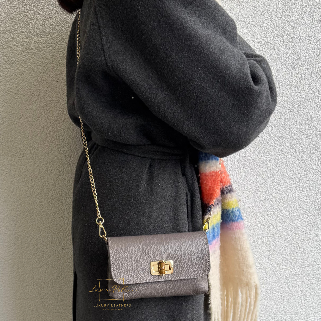 Small Timeless Chic Italian Leather Clutch/Shoulder/Crossbody Bag - Lussoinpelle Ash gray