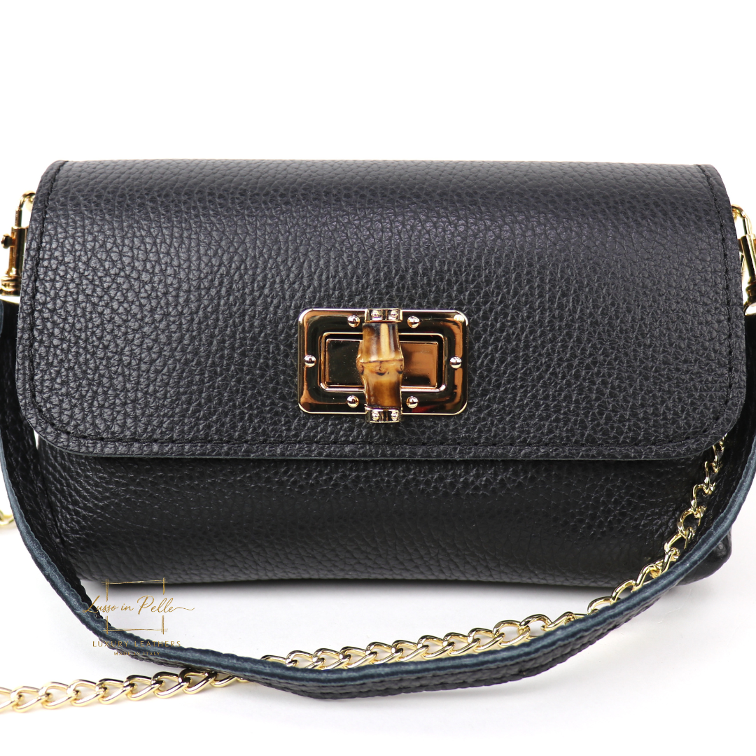 Small Timeless Chic Italian Leather Clutch/Shoulder/Crossbody Bag - Lussoinpelle Black