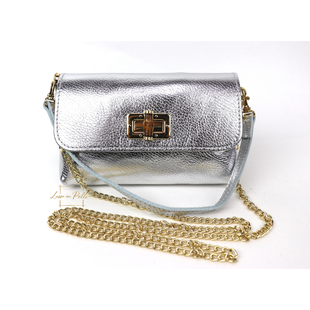 Small Timeless Chic Italian Leather Clutch/Shoulder/Crossbody Bag - Lussoinpelle Silver