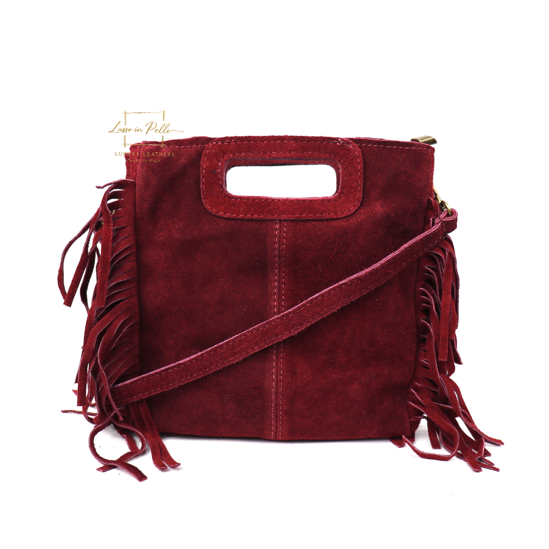 Suede Boho Tassel Crossbody Bag with Adjustable Detachable Straps - Lussoinpelle Burgundy Crossbody bags