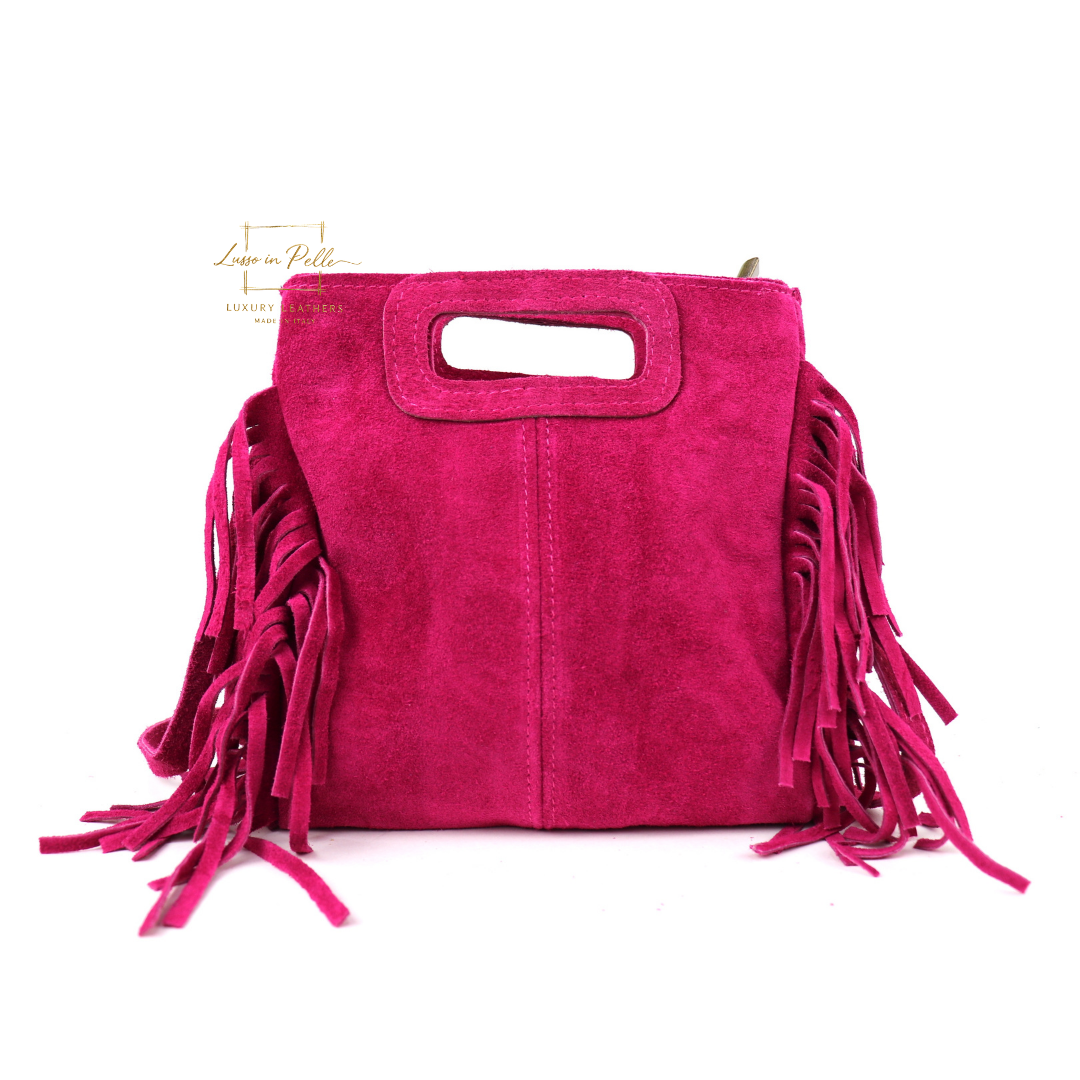 Suede Boho Tassel Crossbody Bag with Adjustable Detachable Straps - Lussoinpelle fuchsia Crossbody bags