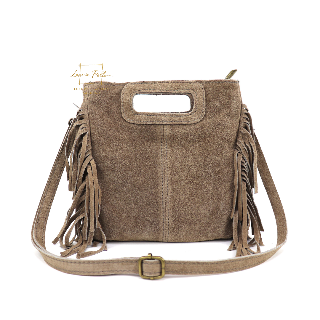 Suede Boho Tassel Crossbody Bag with Adjustable Detachable Straps - Lussoinpelle taupe Crossbody bags