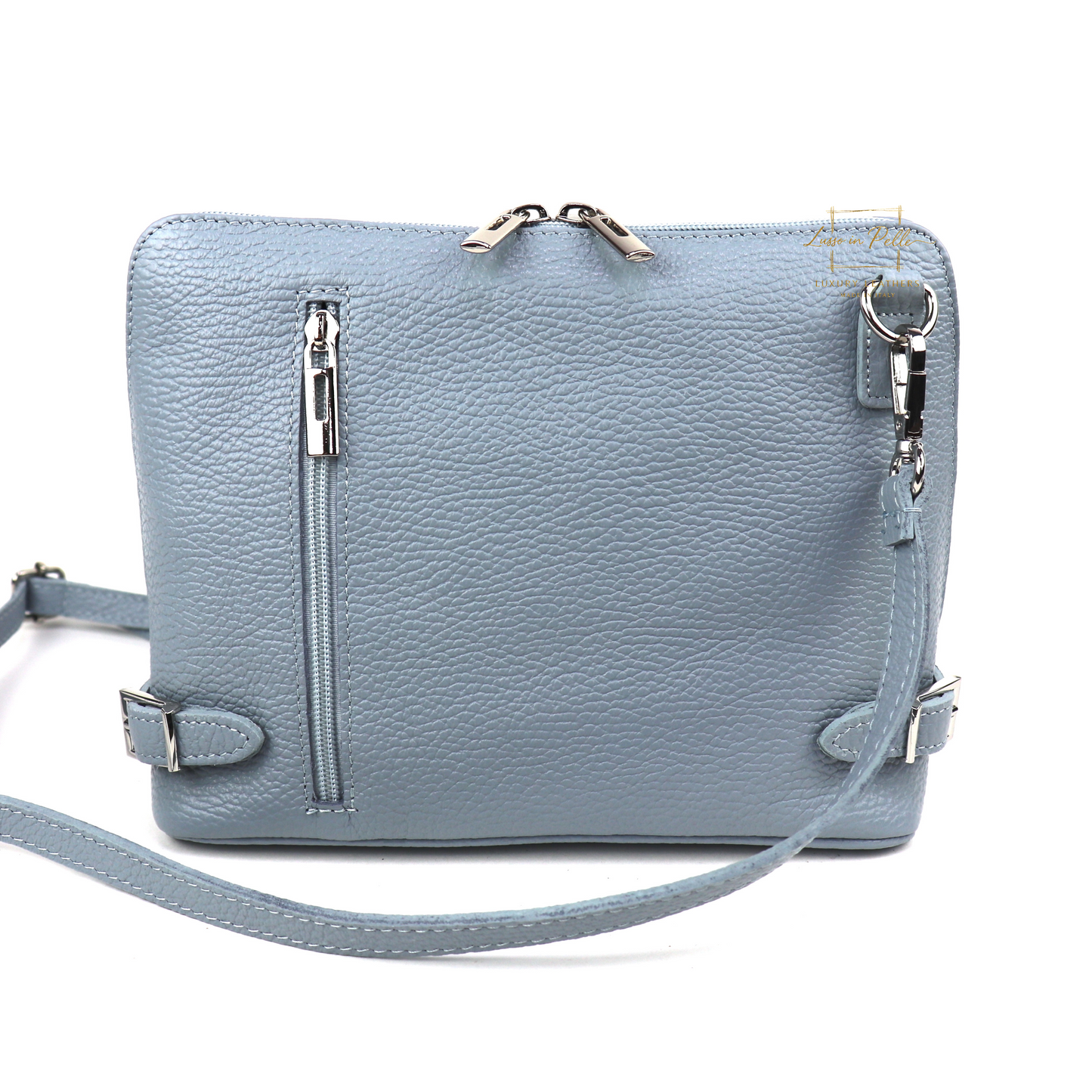Rectangular Italian Leather Crossbody Bag with Adjustable Straps Baby Blue