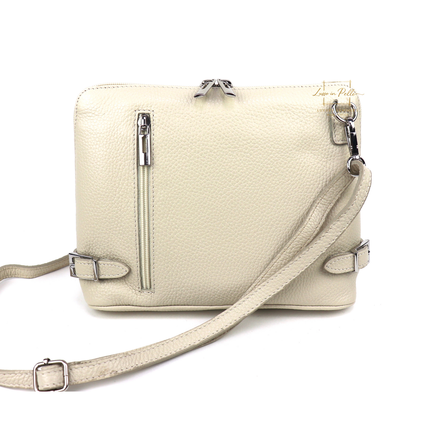 Rectangular Italian Leather Crossbody Bag with Adjustable Straps Beige