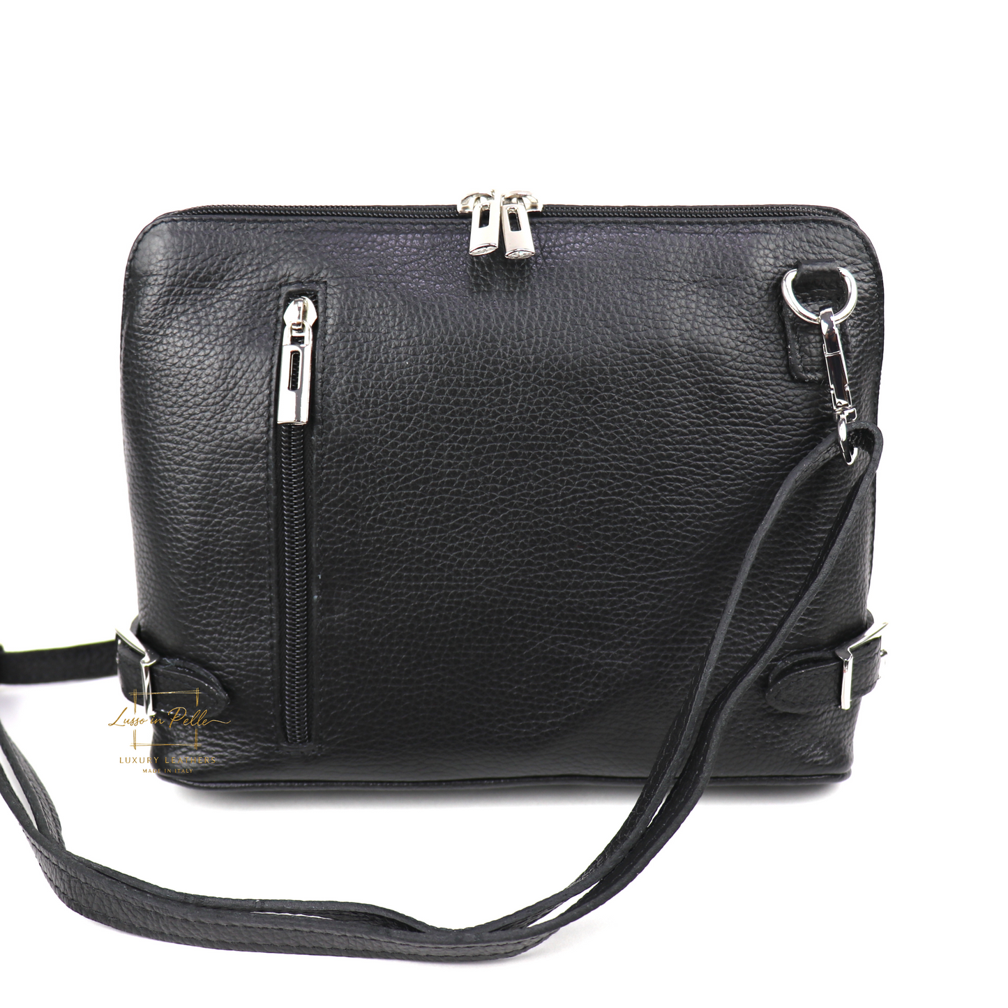 Rectangular Italian Leather Crossbody Bag with Adjustable Straps Black