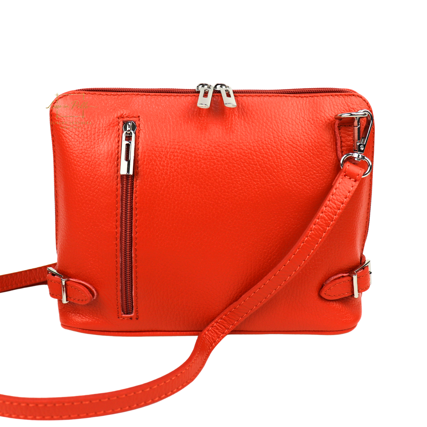 Grano Piazza - Rectangular Structured Italian Grain Leather Crossbody Bag with Adjustable Straps