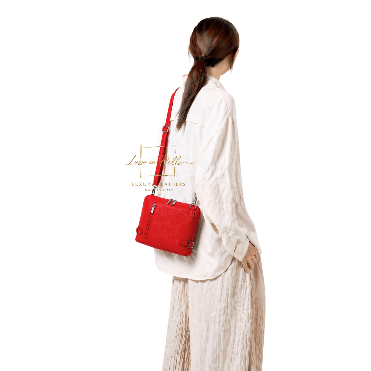 Rectangular Structured Italian Grain Leather Crossbody Bag with Adjustable Straps