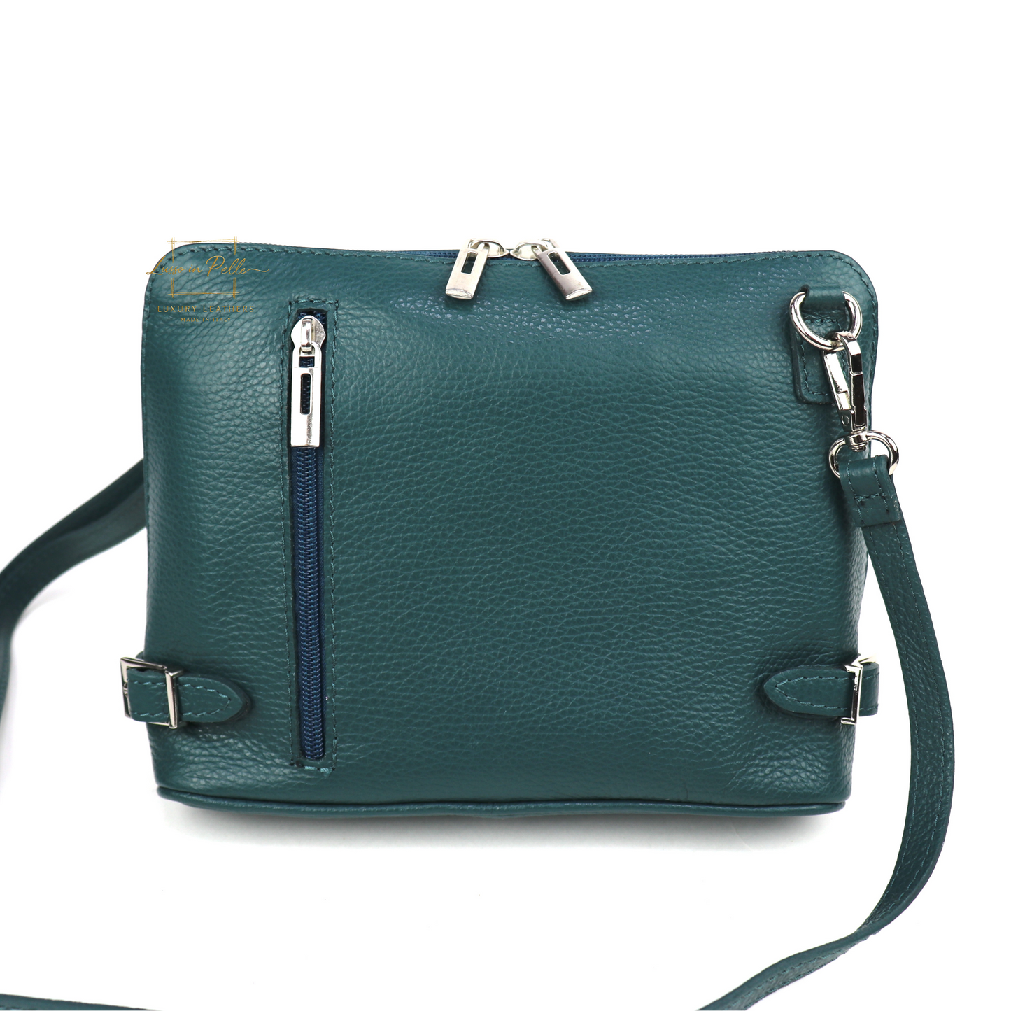 Grano Piazza - Rectangular Structured Italian Grain Leather Crossbody Bag with Adjustable Straps
