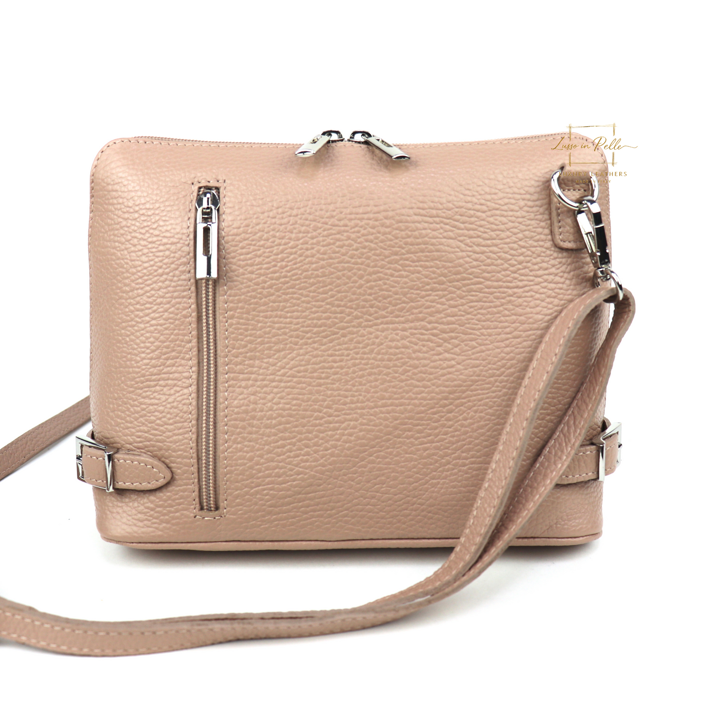 Grano Piazza - Rectangular Structured Italian Grain Leather Crossbody Bag with Adjustable Straps