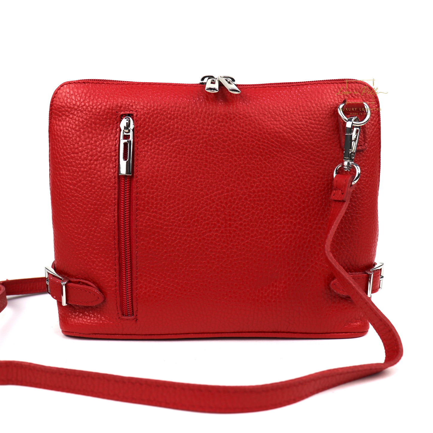 Grano Piazza - Rectangular Structured Italian Grain Leather Crossbody Bag with Adjustable Straps