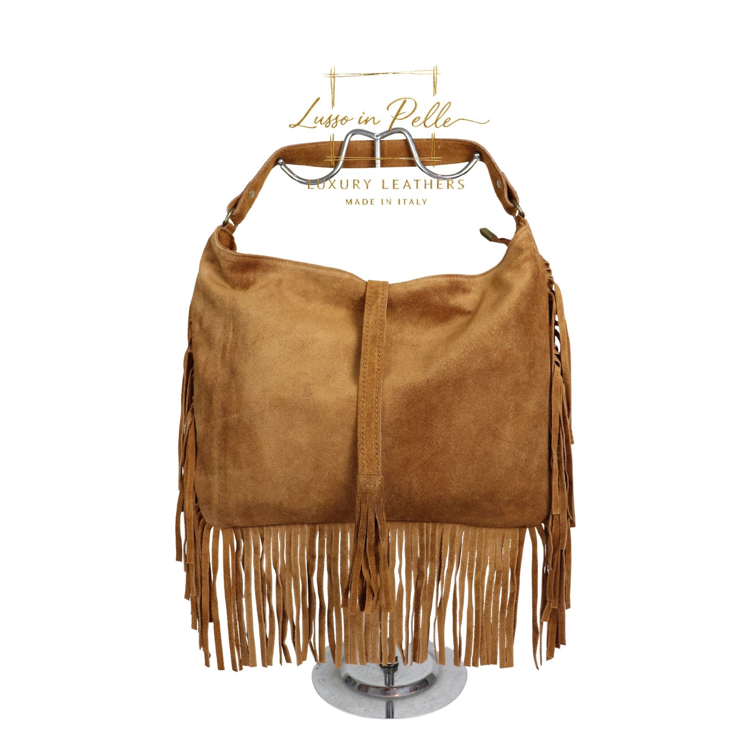 Large Suede Fringe Bag with Shoulder and Crossbody Straps: Handmade Genuine Italian Cowhide Suede Purse