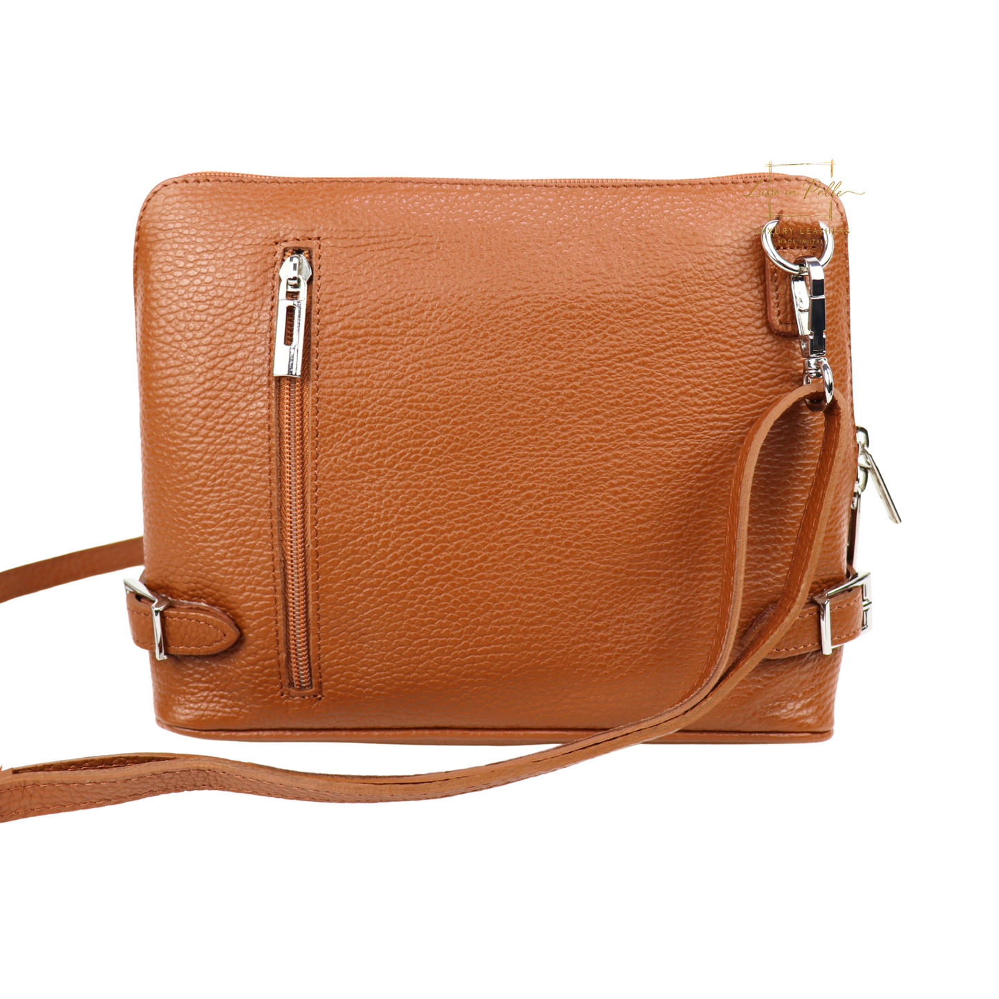 Grano Piazza - Rectangular Structured Italian Grain Leather Crossbody Bag with Adjustable Straps