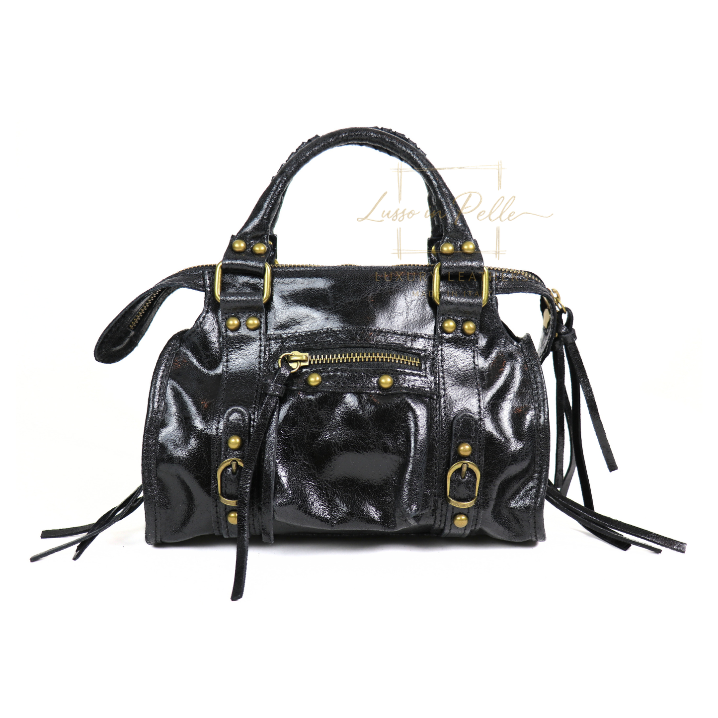 Genuine Leather Handbag with Front Zip Pocket & Stud Detail