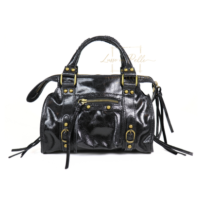 Genuine Leather Handbag with Front Zip Pocket & Stud Detail