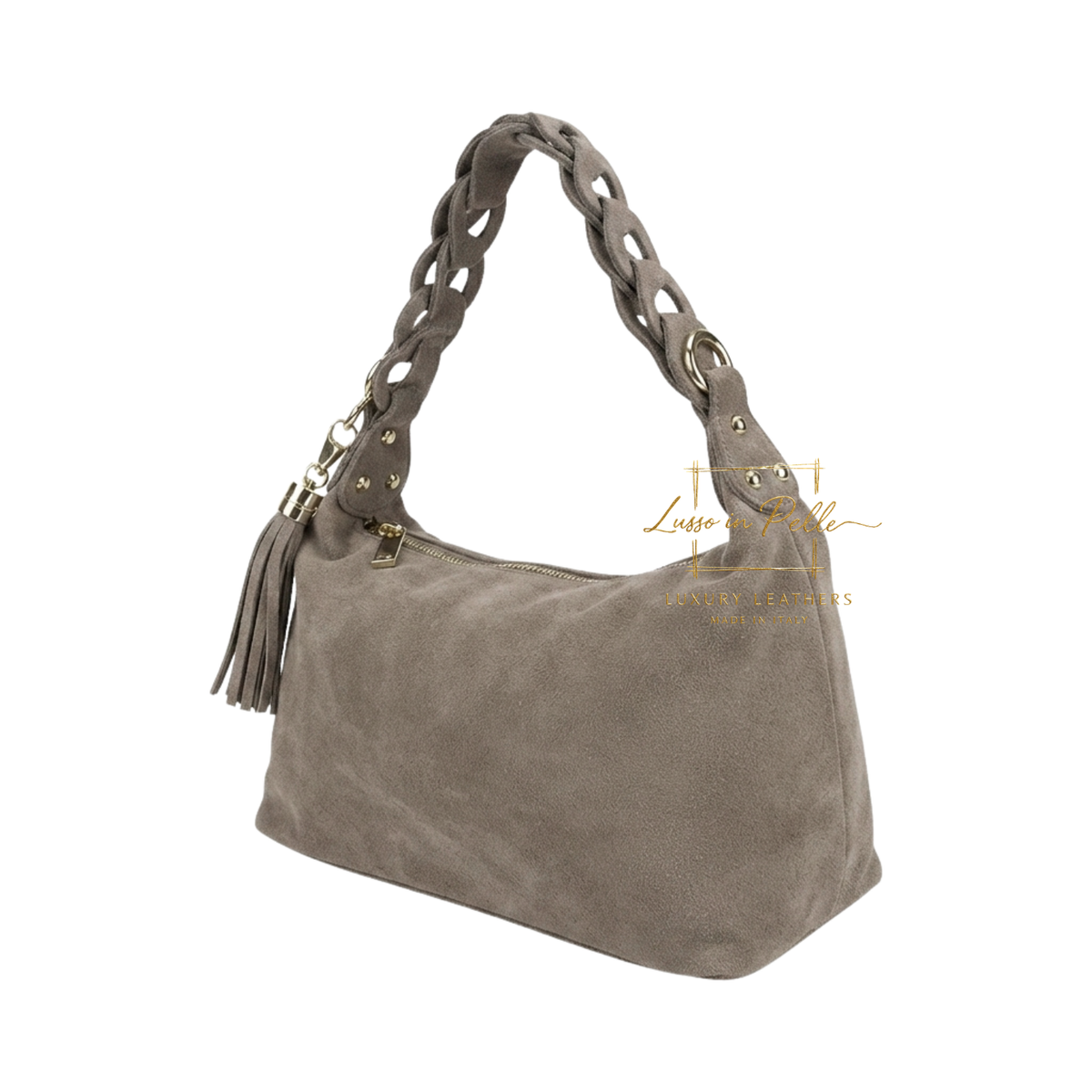 Genuine Suede Shoulder Bag with Braided Handle & Tassel Charm