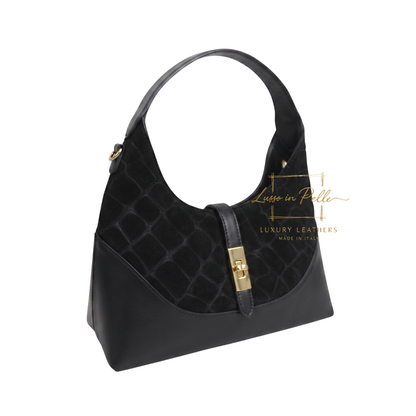 Genuine Suede & Leather Shoulder Bag with Croc Embossed Detail