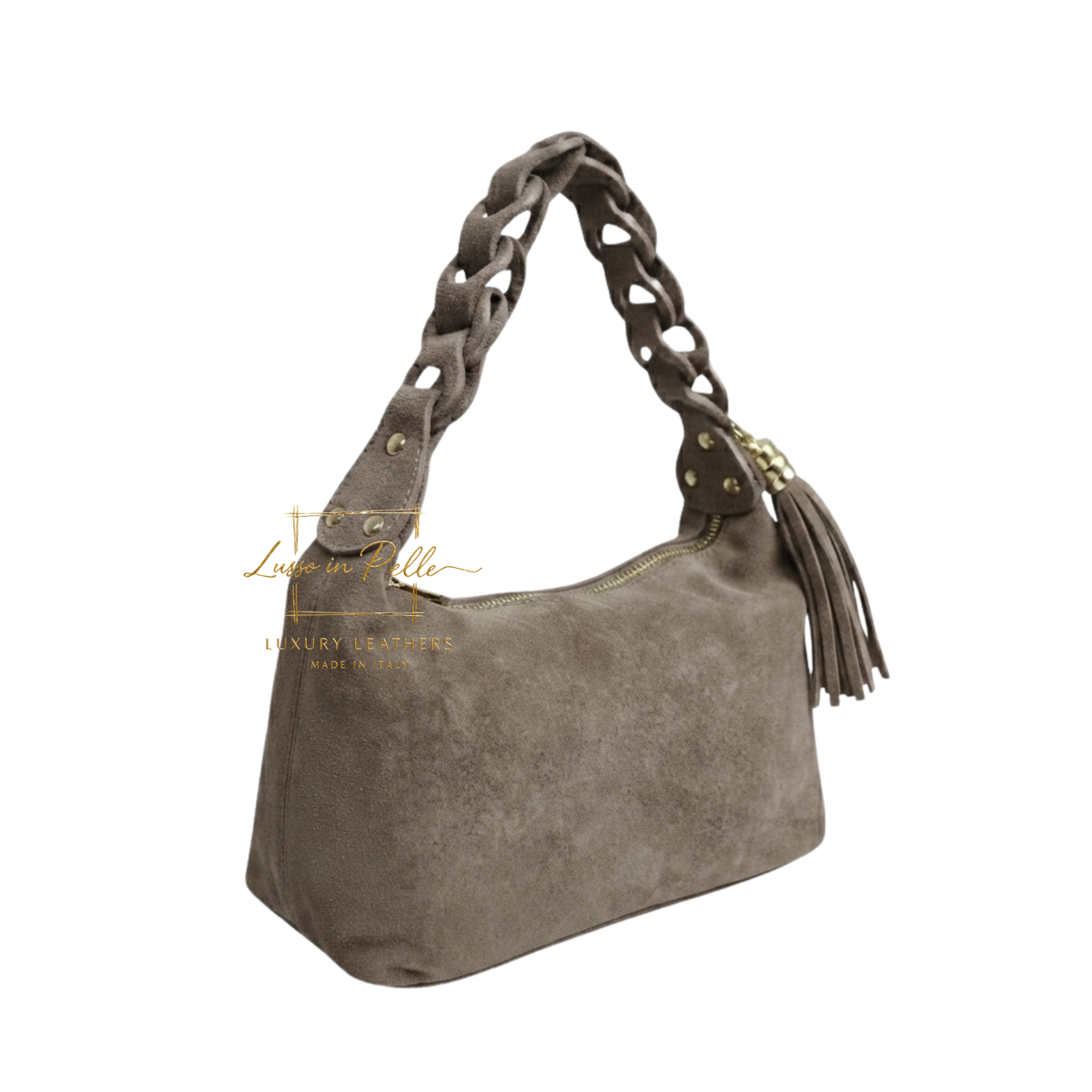Genuine Suede Shoulder Bag with Braided Handle & Tassel Charm