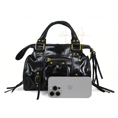 Genuine Leather Handbag with Front Zip Pocket & Stud Detail