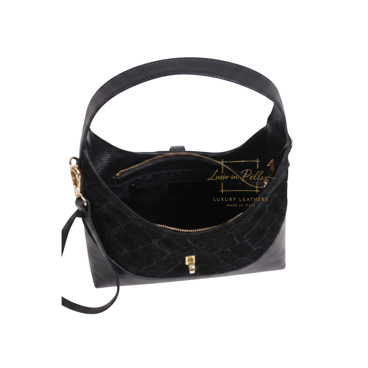 Genuine Suede & Leather Shoulder Bag with Croc Embossed Detail