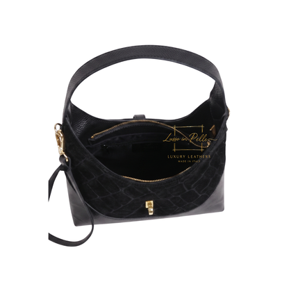 Genuine Suede & Leather Shoulder Bag with Croc Embossed Detail