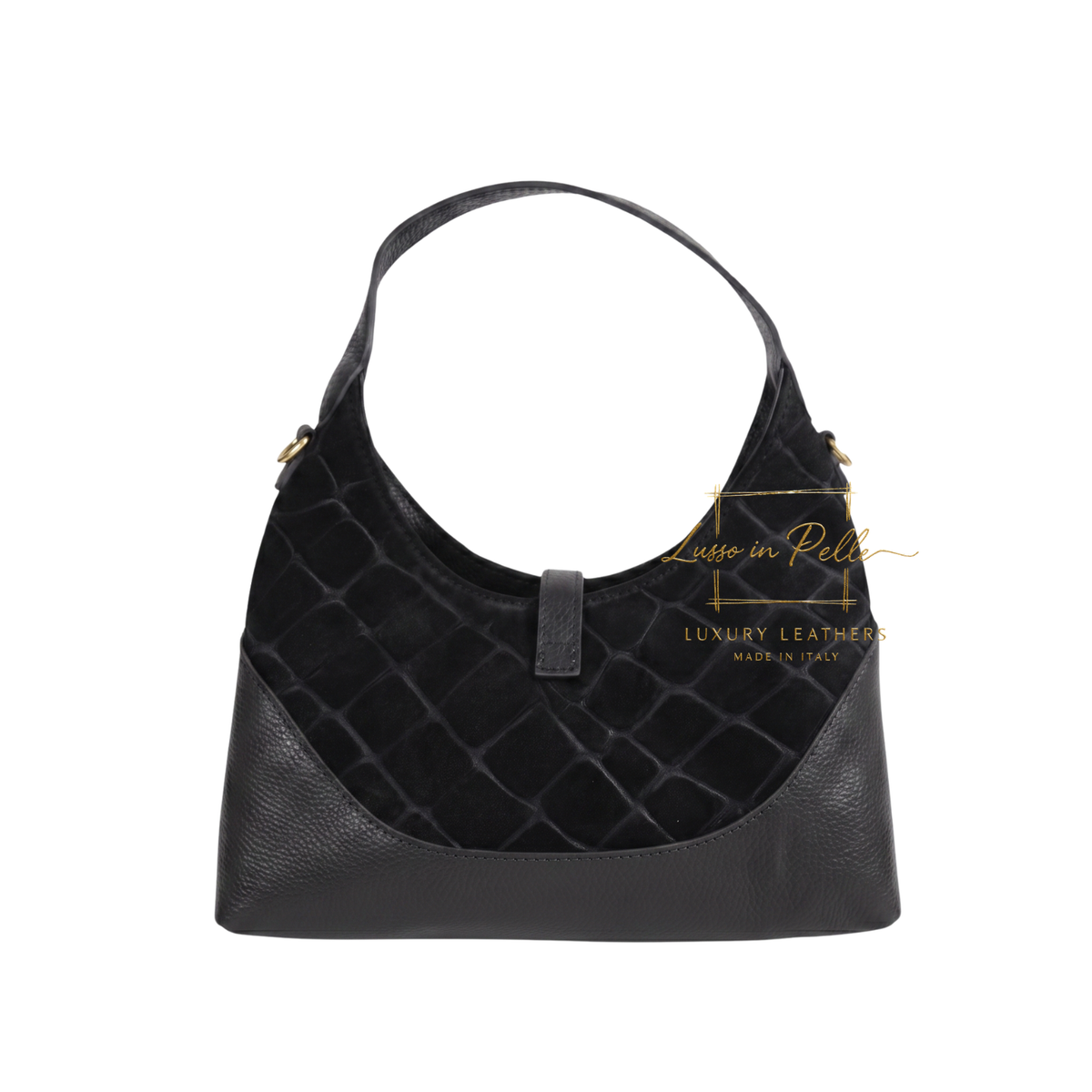 Genuine Suede & Leather Shoulder Bag with Croc Embossed Detail