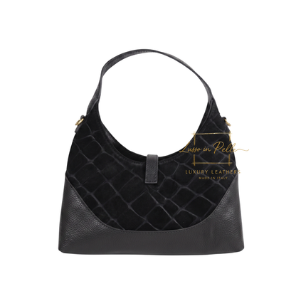 Genuine Suede & Leather Shoulder Bag with Croc Embossed Detail