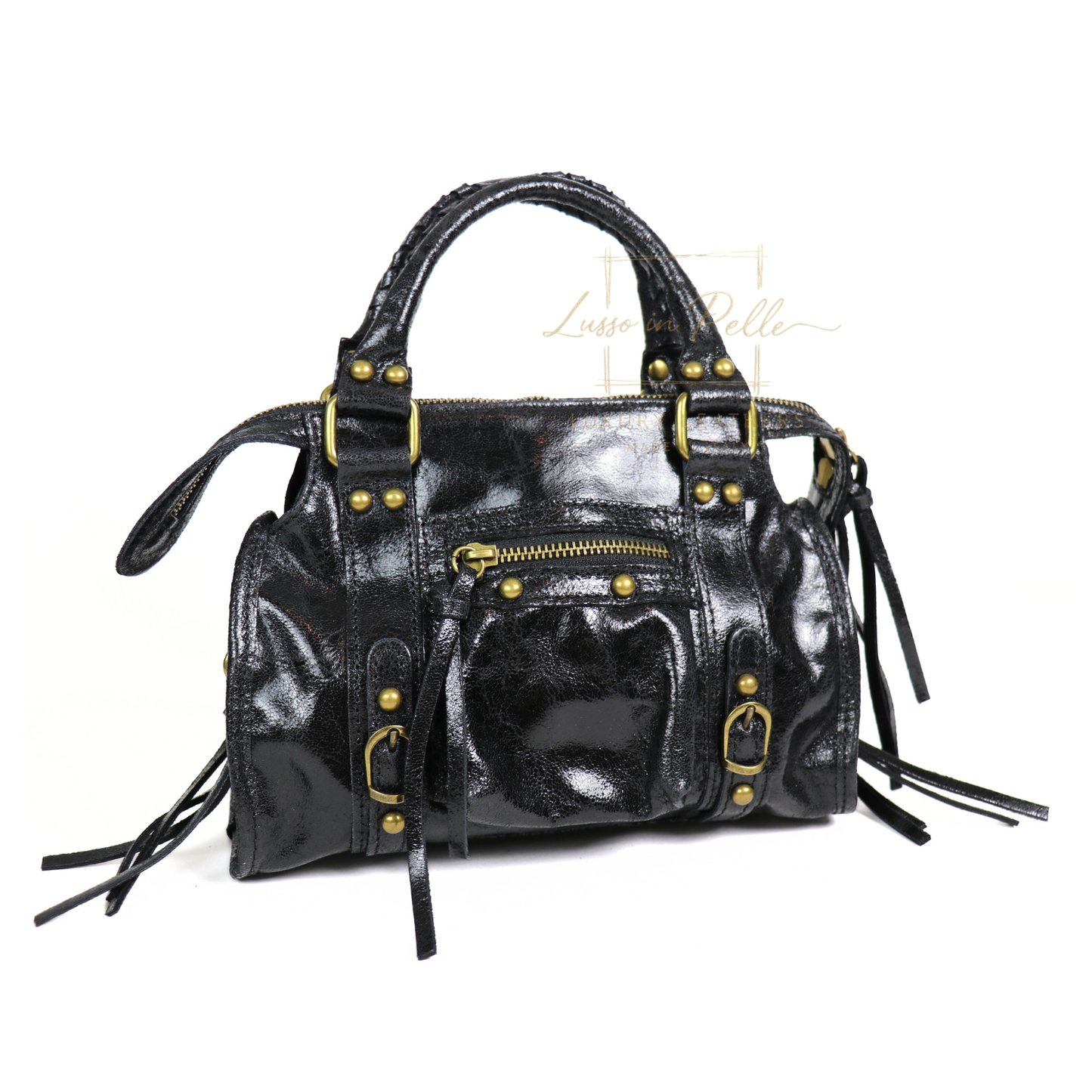 Genuine Leather Handbag with Front Zip Pocket & Stud Detail