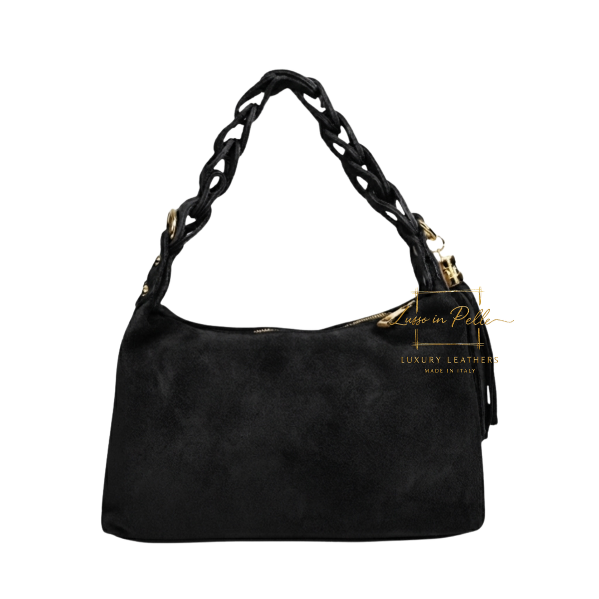 Genuine Suede Shoulder Bag with Braided Handle & Tassel Charm