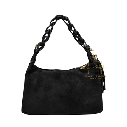 Genuine Suede Shoulder Bag with Braided Handle & Tassel Charm