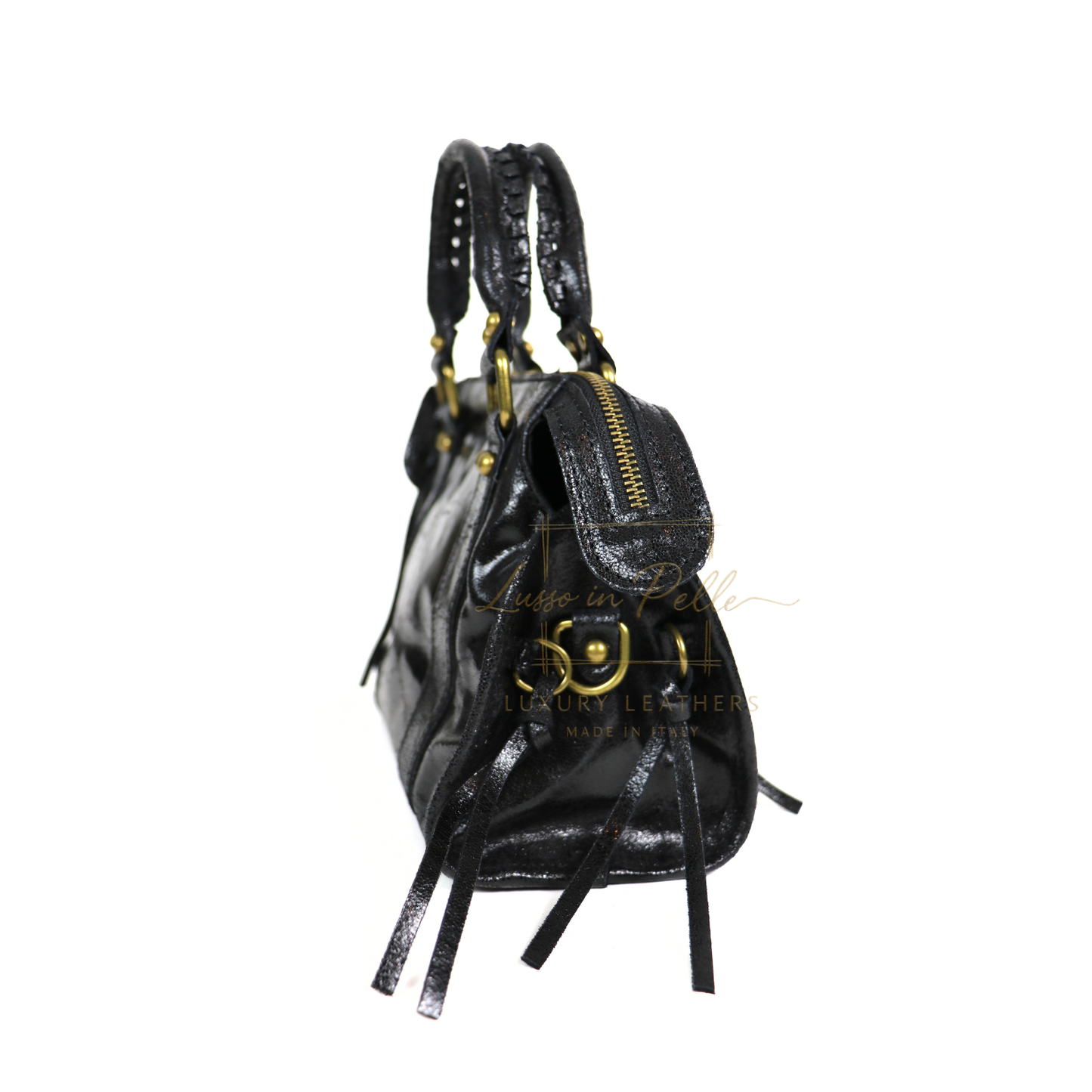 Genuine Leather Handbag with Front Zip Pocket & Stud Detail