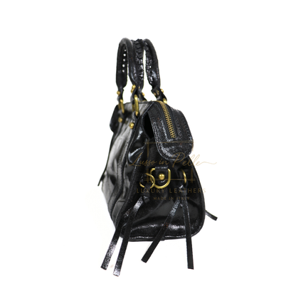 Genuine Leather Handbag with Front Zip Pocket & Stud Detail
