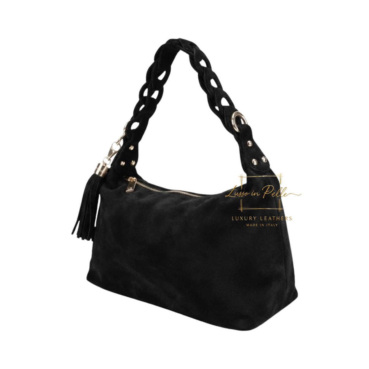 Genuine Suede Shoulder Bag with Braided Handle & Tassel Charm