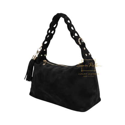 Genuine Suede Shoulder Bag with Braided Handle & Tassel Charm