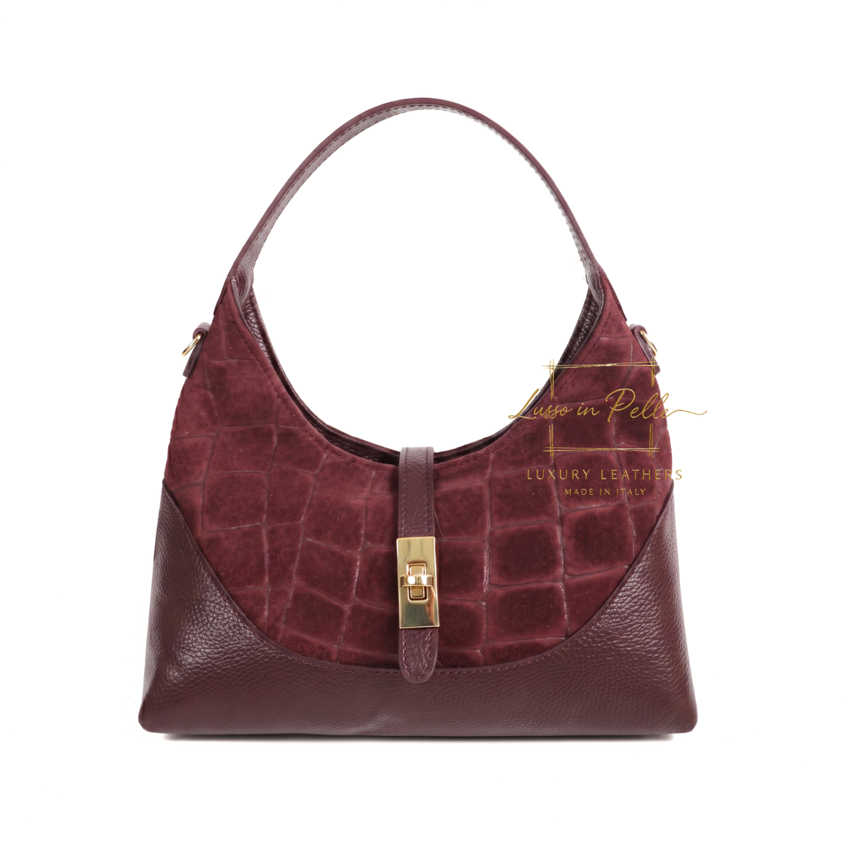Genuine Suede & Leather Shoulder Bag with Croc Embossed Detail