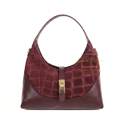 Genuine Suede & Leather Shoulder Bag with Croc Embossed Detail