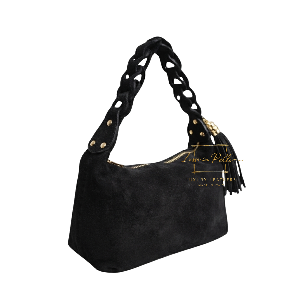 Genuine Suede Shoulder Bag with Braided Handle & Tassel Charm