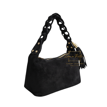 Genuine Suede Shoulder Bag with Braided Handle & Tassel Charm